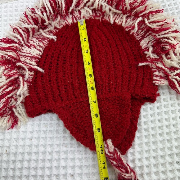 Yusu Tex 100% Alpaca Handmade Knitted Tassel Red White Beanie Mohawk Fringe - Picture 7 of 13